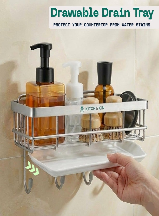 KITCH & KIN Stainless Steel Kitchen & Washroom Sink Organiser with Hooks and Drain Tray - Wall Mount Soap Stand, Sponge Holder and Adhesive Storage Rack for Cleaning Essentials - Image 4